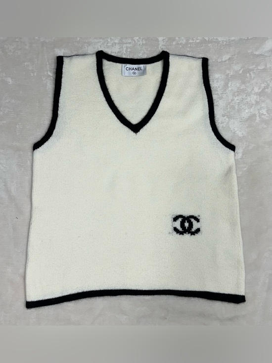 CHANEL Other - CHANEL Cream V-Neck Knit Sweater Vest with Black Trim